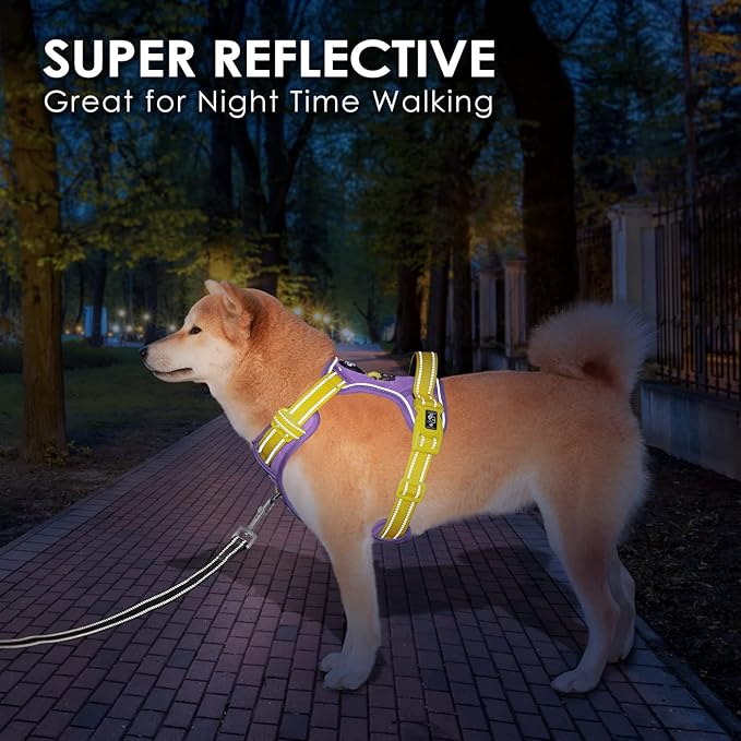 PHOEPET No Pull Dog Harness, Unique Colors Reflective Adjustable Dog Vest, with Soft Training Handle Metal Clips for Small Medium Large Dogs (Baby Purple Base &amp; Yellow Straps,XL)