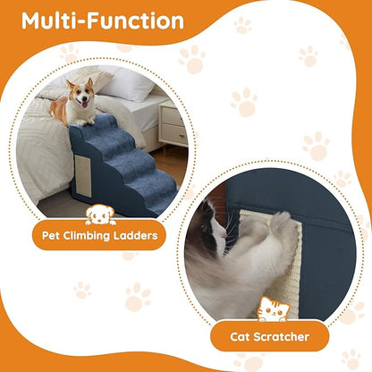 Navy Portable Pet Steps - 4-Step Dog &amp; Cat Ramp for Bed, Couch, Sofa &amp; Chairs - Non-Slip, High Density Foam