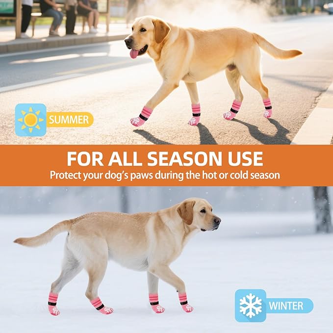 PUPTECK Non-Slip Dog Socks to Prevent Licking Paws, Double Sides Dog Boots &amp; Paw Protectors Booties on Hardwood Floors Hot Pavement with Grippers, for Small Medium Large Senior Dogs, Fuchsia M