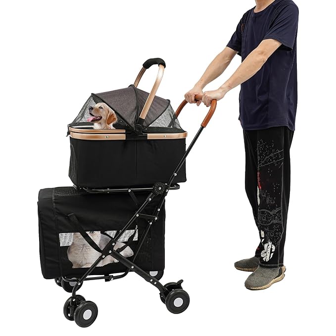 Foldable Pet Stroller for Small &amp; Medium Dogs, Double Dog &amp; Cat Stroller with 3-in-1 Travel System, Detachable Pet Carrier with Wheels for Cats and Dogs up to 77 lbs, Black