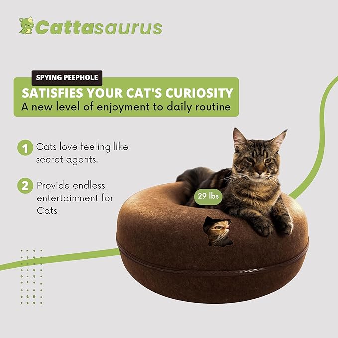 Cattasaurus Peekaboo Cat Cave for Multiple &amp; Large Cats Up to 30-45 Lbs, Scratch Detachable &amp; Washable Tunnel Bed, Comfy Donut Cat Cave (Brown, Jumbo)