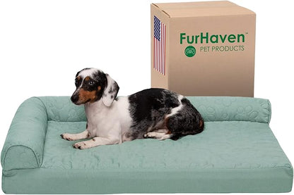 Furhaven Cooling Gel Dog Bed for Medium/Small Dogs w/ Removable Bolsters &amp; Washable Cover, For Dogs Up to 35 lbs - Pinsonic Quilted Paw L Shaped Chaise - Iceberg Green, Medium