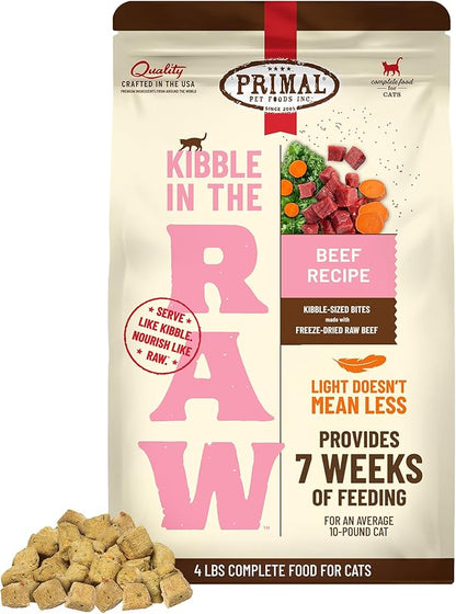 Primal Kibble in The Raw, Freeze Dried Cat Food, Beef, Scoop &amp; Serve, Made with Raw Protein, Whole Ingredient Nutrition, Crafted in The USA, Dry Cat Food, 64 Ounce (4 lb) Bag
