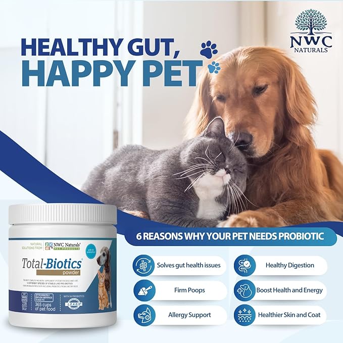 NWC Naturals Total-Biotics, Cat &amp; Dog Probiotics for Digestive Health with Prebiotic, Unflavored Probiotic for Dogs &amp; Cats, Supplement for Gut, Skin, Coat, Upset Stomach Relief, 365 Servings, 8 Ounces