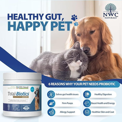 NWC Naturals Total-Biotics, Cat &amp; Dog Probiotics for Digestive Health with Prebiotic, Unflavored Probiotic for Dogs &amp; Cats, Supplement for Gut, Skin, Coat, Upset Stomach Relief, 365 Servings, 8 Ounces