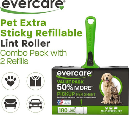 Evercare All Purpose Pet Hair Lint Roller with 2 Refills, 180 Total Sheets – Reusable Sticky Roller for Pet Hair, Cat &amp; Dog Hair Remover, Lint Remover, Pet Hair Remover for Furniture, Clothing &amp; Cars