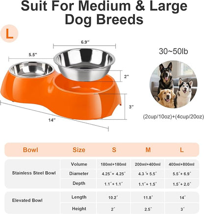 Elevated Dog Bowls Set - Non-Slip Raised Pet Feeder with Medium (10 oz) &amp; Large (20 oz) Stainless Steel Bowls - Includes Durable Resin Stand for Puppies, Adult Dogs &amp; Cats - Orange