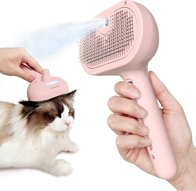 L&amp;W BROS. Steam Grooming Brush for Shedding and Detangling – Self-Cleaning Steamy Pet Brush with Mist Spray for Long-Haired Cats and Small Dogs (Pink)