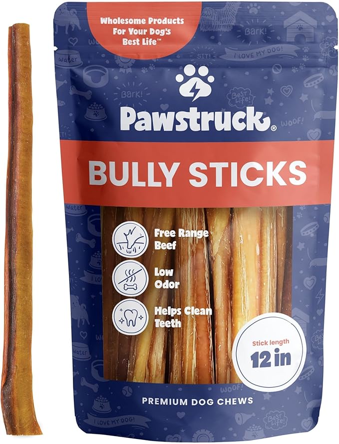 Pawstruck All-Natural 12" Bully Sticks for Dogs - Long Lasting, Rawhide-Free, Low Odor &amp; Grain-Free Dental Chew Treat - Healthy Single Ingredient, 100% Real Beef - 1 lb Bag