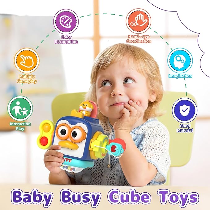 5 in 1 Baby Toy for 12 18 Month, Learning Toys for Babies 12-18 Months, Baby Busy Cube, Stacking&amp;Sensory, Pull String&amp;Piano Xylophone Toy, Birthday Gift for 12+ Month