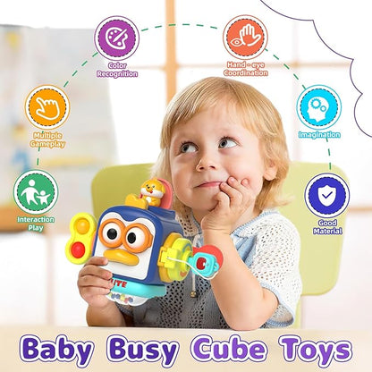 5 in 1 Baby Toy for 12 18 Month, Learning Toys for Babies 12-18 Months, Baby Busy Cube, Stacking&amp;Sensory, Pull String&amp;Piano Xylophone Toy, Birthday Gift for 12+ Month