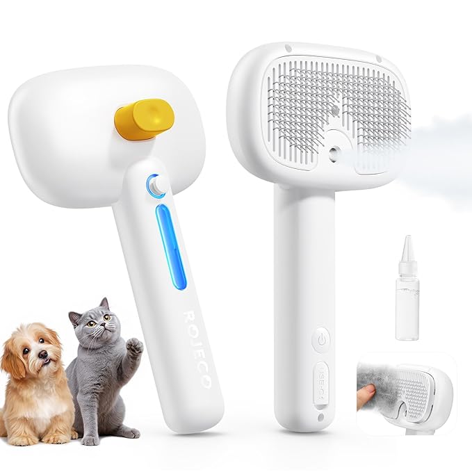 ROJECO 3-in-1 Pet Steam Brush for Cats&amp;Dogs-Pet Spray Hair Removal Detangling Comb with Adjustable Mist,Handheld Deshedding Grooming Tool for Long/Short Hair,Massage Brush &amp; Shedding Control,Cordless