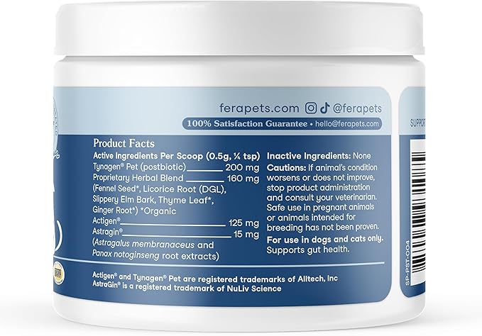 Fera Pets Postbiotics Plus Prebiotics for Dogs &amp; Cats - with Slippery Elm - Promotes Optimal Digestive Health &amp; Inflammatory Response - Enhances Immunity - 120 Scoops