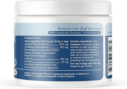 Fera Pets Postbiotics Plus Prebiotics for Dogs &amp; Cats - with Slippery Elm - Promotes Optimal Digestive Health &amp; Inflammatory Response - Enhances Immunity - 120 Scoops