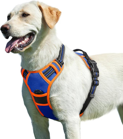 Eagloo Dog Harness for Large Dogs, No Pull Service Vest with Reflective Strips and Control Handle, Adjustable and Comfortable for Walking, No Choke Pet Harness with 2 Metal Rings, Blue &amp; Orange, L