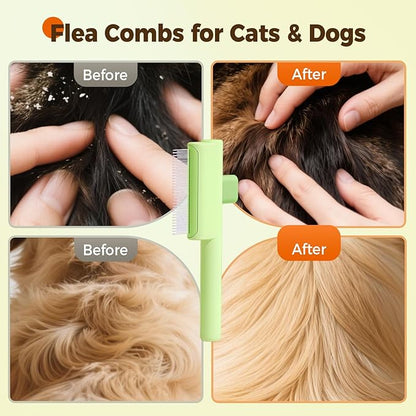 Pet Hair Removal Comb Flea Combs for Cats and Dogs, Pet Flea Comb Grooming Brush with One-Click Release Button, Dog Cat Deshedding Brush for Short &amp; Long Hair (Blue &amp; Green)