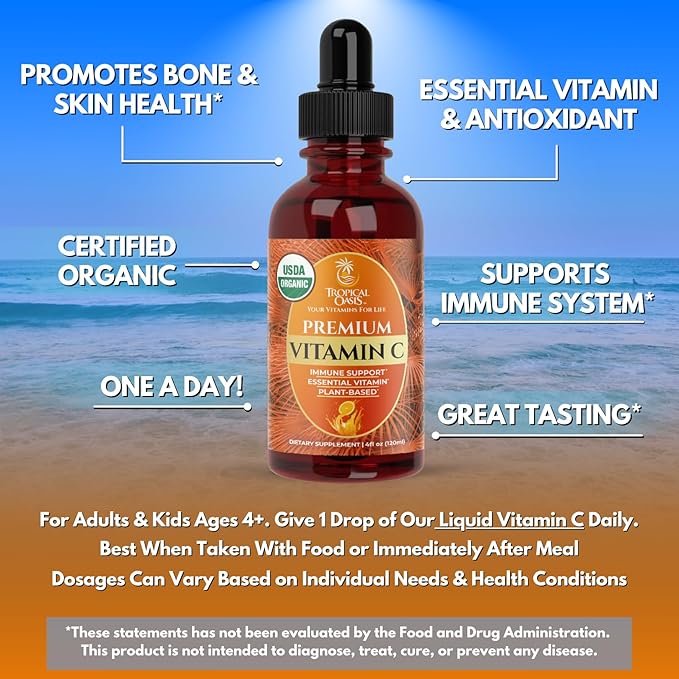 Tropical Oasis USDA Organic Liquid Vitamin C Drops for Adults &amp; Kids | Supports Healthy Immune System | 98% Absorption Rate | Vegan | Non-GMO | Gluten Free | 60 Servings