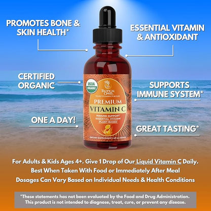 Tropical Oasis USDA Organic Liquid Vitamin C Drops for Adults &amp; Kids | Supports Healthy Immune System | 98% Absorption Rate | Vegan | Non-GMO | Gluten Free | 60 Servings