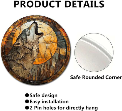Lygond Metal Tin Sign - Circular Stained Glass Gray Wolf - 1212 Inches