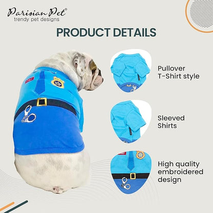 Parisian Pet Embroidered Dog Police Costume - 100% Cotton and Polyester Pet Clothes - Sleeved Cop Costume for Small Blue Dogs