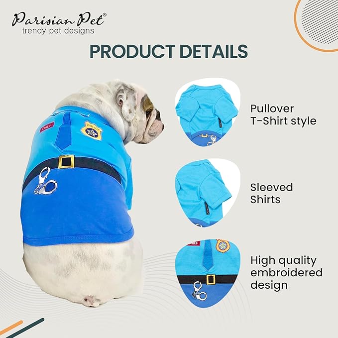 Parisian Pet Dog Shirt - Embroidered Police Costume - 100% Cotton &amp; Polyester Pet Clothes - Sleeved Cop Costume - Blue Large Dog XL