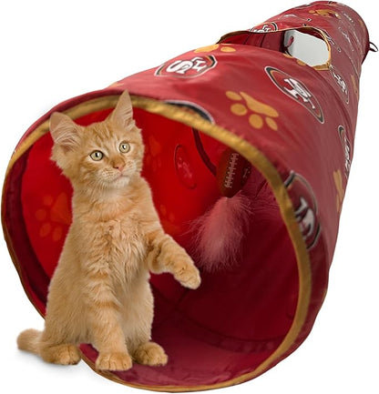 NFL San Francisco 49ers Cat Tunnel Tube Toy with Plush Football Catnip and Feathers Collapsible Tunnel for Cats to Play, Peek and Hide, Sporty &amp; Fun Cat Tunnel Toy with Team Logo All-Over Design!
