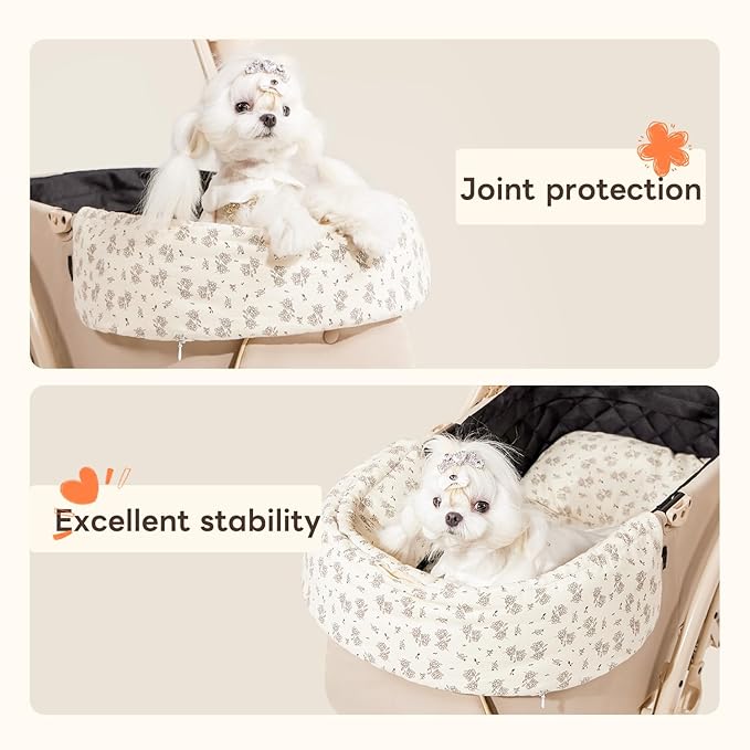 Dog Stroller Cushion &amp; Mat, Pet Stroller Cushion for Dogs &amp; Cats, 5-Level Waterproof &amp; Removable Inner Core, Dog-Ergonomic 3-Zone Support, 4-inch Thickness (Flower Set)
