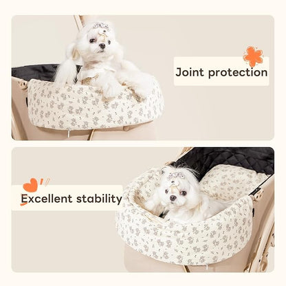 Dog Stroller Cushion &amp; Mat, Pet Stroller Cushion for Dogs &amp; Cats, 5-Level Waterproof &amp; Removable Inner Core, Dog-Ergonomic 3-Zone Support, 4-inch Thickness (Flower Set)