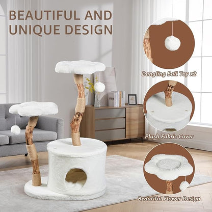 NATURAL EXPRESSIONS Modern Cat Tree and Tower for Indoor, Luxury Solid Wood Condo for Large Cats, Flower Cat Tree with Scratching Post, Cat Climbing Furniture with Cat Hiding Enclosure