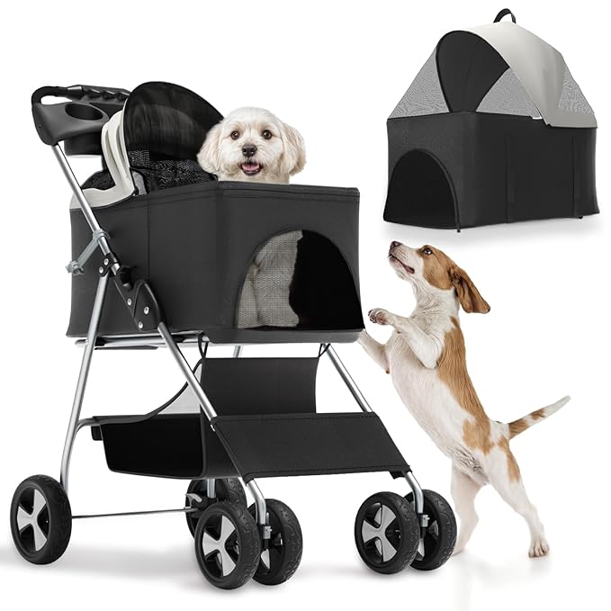Magshion Foldable Pet Stroller, 3-in-1 Dog Travel Jogger with Detachable Carrier, Cup Holder, Storage Basket, Folding Carrier for Small/Medium Dogs &amp; Cats Up to 33 lbs, Black