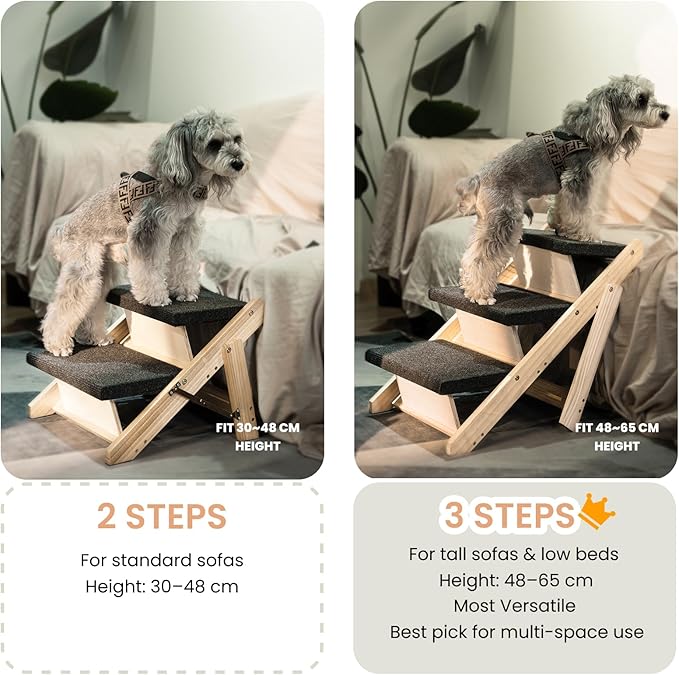 MEWANG Wood Pet Stairs &amp; Ramp for Small/Medium Dogs and Cats, Aging Pets – 3-in-1 Foldable, Portable, Non-Slip Pet Ladder for Tall Beds, Couches,Cars–Holds Up to 220 lbs (17.3" L x 17.2" W x 13.0" H)