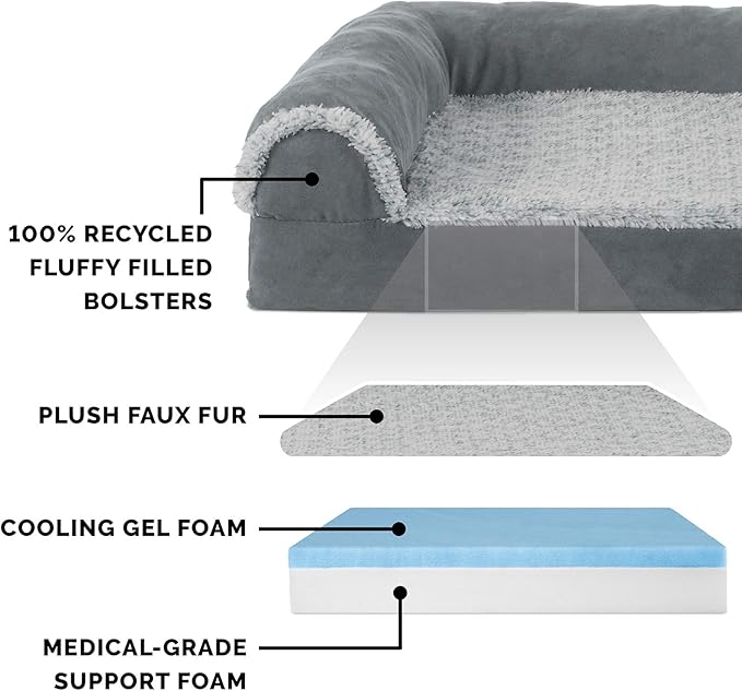 Furhaven Cooling Gel Dog Bed for Medium/Small Dogs w/ Removable Bolsters &amp; Washable Cover, For Dogs Up to 35 lbs - Two-Tone Plush Faux Fur &amp; Suede L Shaped Chaise - Stone Gray, Medium