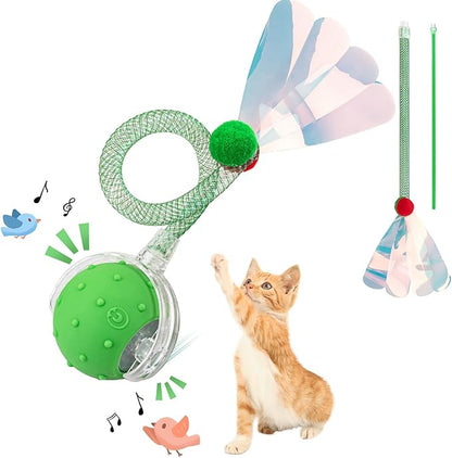 Interactive Cat Toys Ball for Indoor Cats, Automatic Agile Rolling Cat Ball with Elastic Mesh Tail, Bird Chirping &amp; Motion Activated, 2 Tail Accessories, Kitten Toy for Bored (Green)