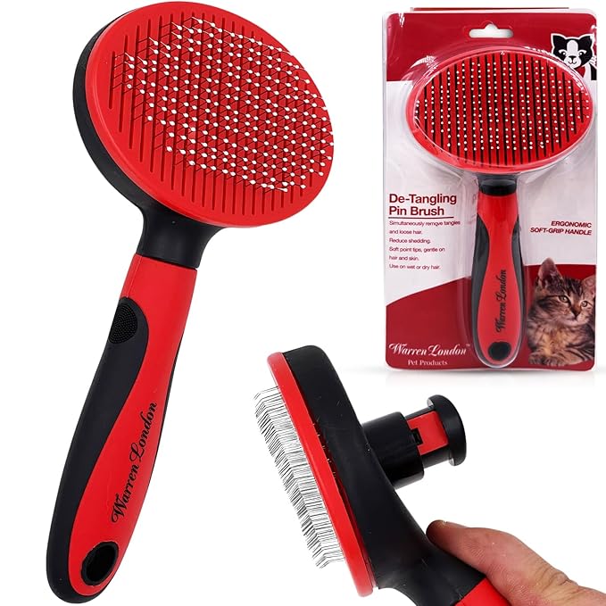 Warren London Self-Cleaning Cat Pin Brush | Push-Button Fur Ejector, Bead-Tipped Nylon Pins – Gentle Shedding &amp; Detangling for Cats, Kittens, Rabbits, Ferrets &amp; Small Dogs | Ergonomic Anti-Slip Grip
