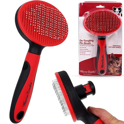 Warren London Self-Cleaning Cat Pin Brush | Push-Button Fur Ejector, Bead-Tipped Nylon Pins – Gentle Shedding &amp; Detangling for Cats, Kittens, Rabbits, Ferrets &amp; Small Dogs | Ergonomic Anti-Slip Grip