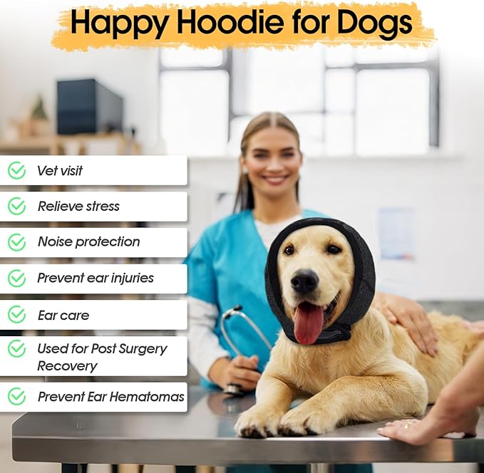 Dog Calming Hoodie, Dog Ear Muffs Noise Protection &amp; Anxiety Relief, No Shake Ear Wraps for Dogs Quiet Ears Cover Headband for Fireworks Grooming Swimming Bathing Force Drying