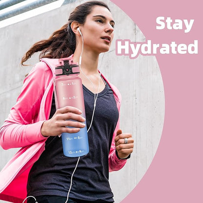 OLDLEY 32 oz Water Bottle, Motivational Water Bottle with Time Marker, Sports Water Bottle With Strap, Leakproof &amp; BPA Free Large Water Bottles for School, Gym, Travel, Outdoor, Tritan,Pink&amp;Blue