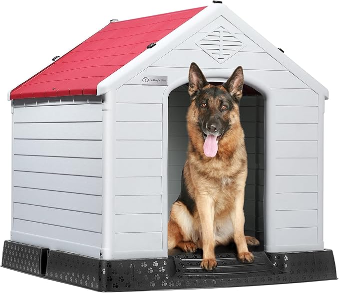 LEMBERI Durable Waterproof Plastic Dog House for Small to Large Sized Dogs, Indoor Outdoor Doghouse Puppy Shelter with Elevated Floor, Easy to Assemble (Red, 34&