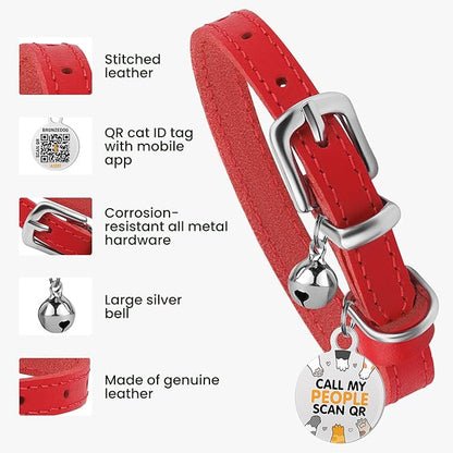 BRONZEDOG Leather Cat Collar with Removable Bells Non Breakaway Kitten QR Tag for Girl Boy (7" - 9" for Cats, Red &amp; Silver)