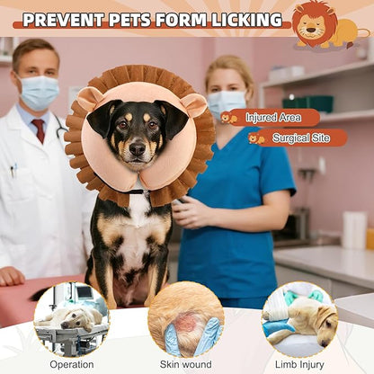 KOOLTAIL Inflatable Dog Cone Collar, Soft Dog Cone Alternative for Large Medium Small Dogs After Surgery, Adjustable Donut Neck Cone for Dogs Cats, Recovery E Collar with Enhanced Anti-Licking,Lion L