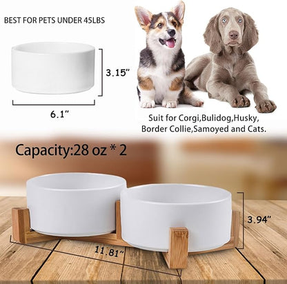 Petygooing Dog Bowls,White Ceramic Cat and Dog Bowl Set with Wood Stand for Food and Water, Non-Slip Cute Modern Pet Dish Set for Cats &amp; Medium Dogs (28OZ)