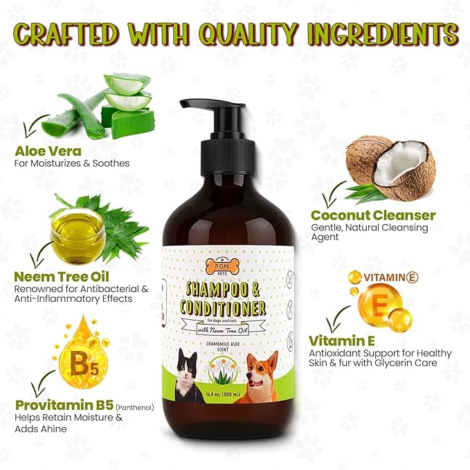 POM Pets 2-in-1 Organic Dog Shampoo &amp; Conditioner – Itchy Skin Relief, Dog Deshedding, Detangles Fur, Cat Shampoo, Paw Cleaner for Dogs, Natural Coat Defense Formula
