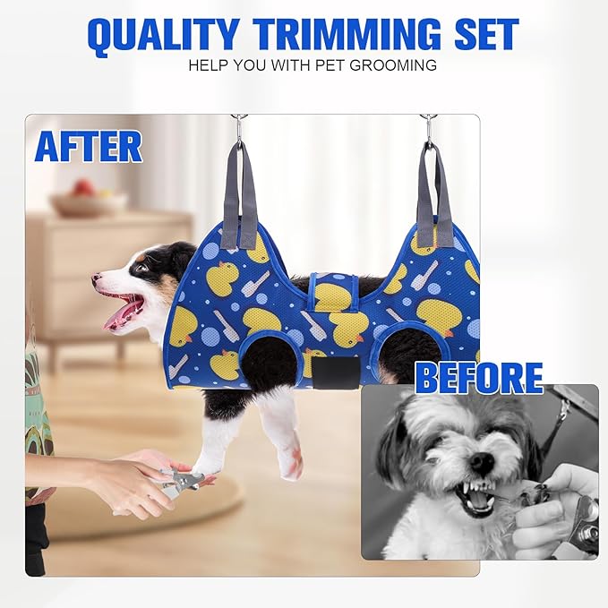 PAWCHIE Dog Grooming Hammock Harness for Dogs &amp; Cats with Pet Nail Clipper Trimmer - Cat Hanger Sling for Trimming Clipping Nails- Dog Hammock Restraint Bag for Small Medium Large Dog, Navy Blue S