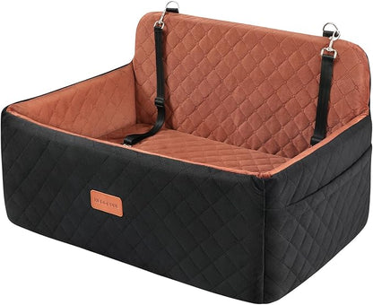 Dog Car Seat for Medium/Large Dogs, Pet Booster Seat for Under 55 lbs or 2 Small Dogs, Detachable &amp; Washable Dog Car Bed for Backseat with 2 Safety Leashes(Black/Brown)
