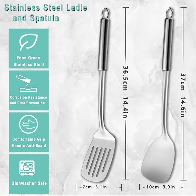 Pleafind 2-Pcs Solid &amp; Slotted Spatula Set, 304 Stainless Steel Spatula, Metal Spatulas, Wok Utensils, Cooking Utensils, Wok Spatulas for Home, Kitchen and Restaurant, Dishwasher Safe