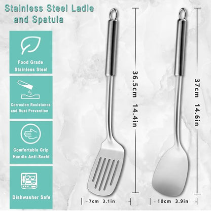 Pleafind 2-Pcs Solid &amp; Slotted Spatula Set, 304 Stainless Steel Spatula, Metal Spatulas, Wok Utensils, Cooking Utensils, Wok Spatulas for Home, Kitchen and Restaurant, Dishwasher Safe