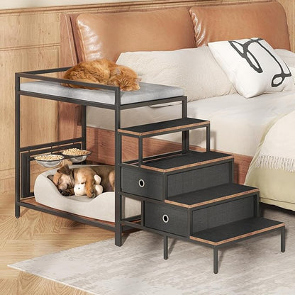 Dog Window Perch with 360° &amp; Adjustable Raised Feeder, Pet Bunk Bed with Removable Stair and 2 Drawers, Elevated Platform Bed, Pet Elevated Seat with Cushion, Paw-Friendly Ladder