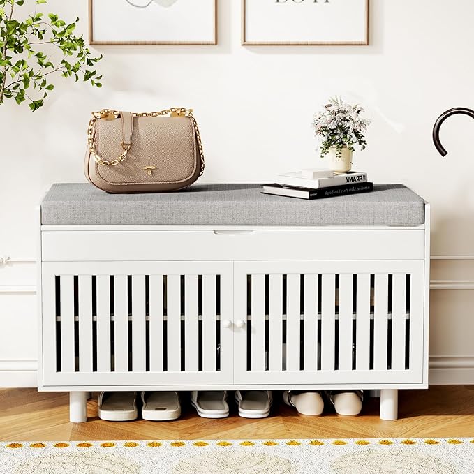 Storage Bench, Bamboo Shoe Bench with Padded Seat Cushion &amp; 2 Doors, 2-Tier Entryway Bench with Lift Top Hidden Storage, 35.4" W x 12.6" D x 19.7" H, Shoe Rack Cabinet for Entryway, Living Room, White