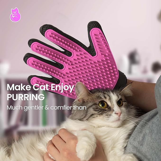 DELOMO Pet Grooming Gloves, Upgrade Version with Enhanced 255 Silicone Grooming Tips, Hair Remover Mittens for Dogs &amp; Cats, Bath Brush, 1 Pair (Pink)
