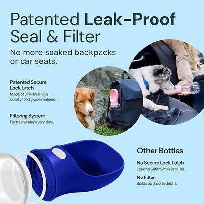 MalsiPree Dog Water Bottle Portable - 19 Oz, Navy Blue - Leak-Proof One-Hand Hydration Valve with Built-in Bowl - Travel Dog Water Bowl &amp; Pet Bottle Dispenser